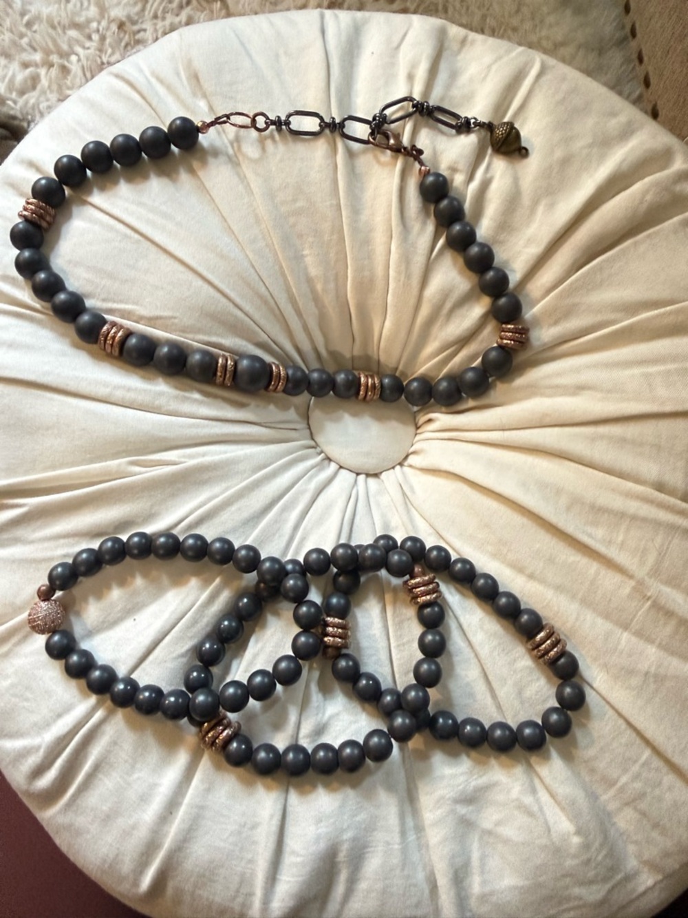 Matte Gray Bead Necklace and Bracelet Set with Copper Accents